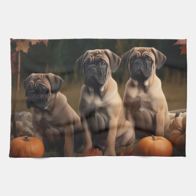 Bullmastiff  Puppy Autumn Delight Pumpkin Tea Towel (Horizontal)