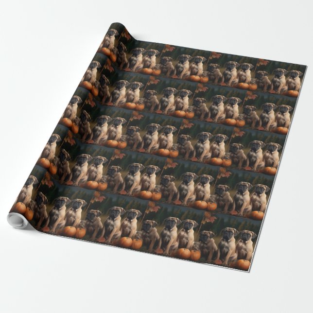 Bullmastiff  Puppy Autumn Delight Pumpkin Wrapping Paper (Unrolled)