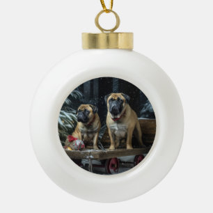 Bullmastiff Snowy Sleigh Christmas Decor  Ceramic Ball Christmas Ornament
