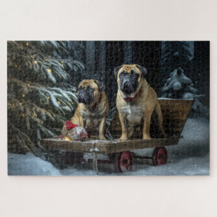 Bullmastiff Snowy Sleigh Christmas Decor Jigsaw Puzzle