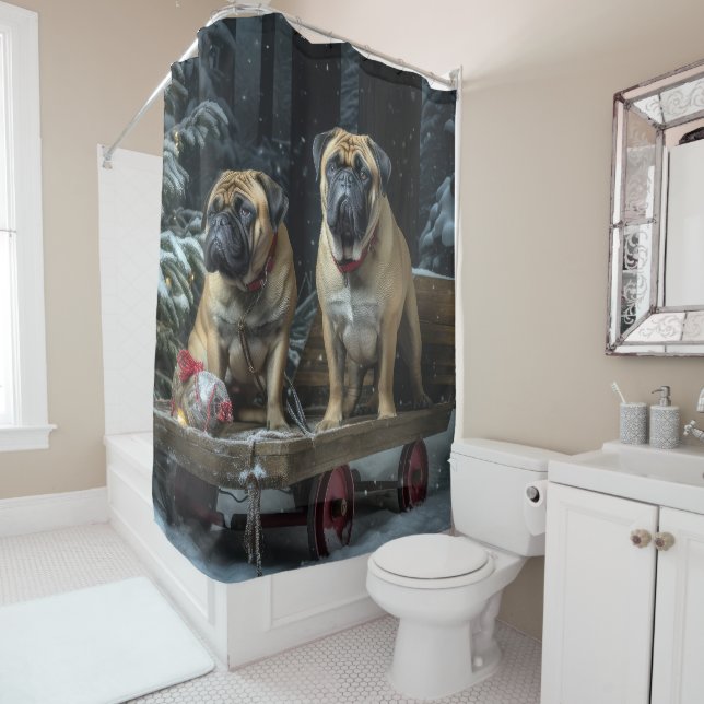 Bullmastiff Snowy Sleigh Christmas Decor  Shower Curtain (In Situ)