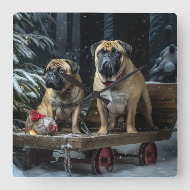 Bullmastiff Snowy Sleigh Christmas Decor  Square Wall Clock (Front)