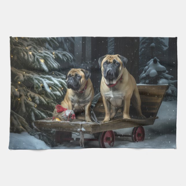 Bullmastiff Snowy Sleigh Christmas Decor  Tea Towel (Horizontal)