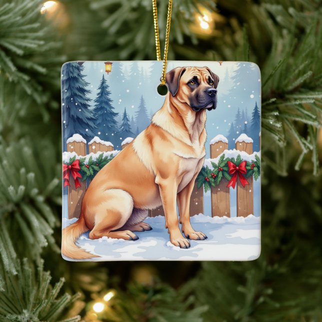 Bullmastiff Winter Forest Holly Christmas Art Ceramic Ornament (Tree)