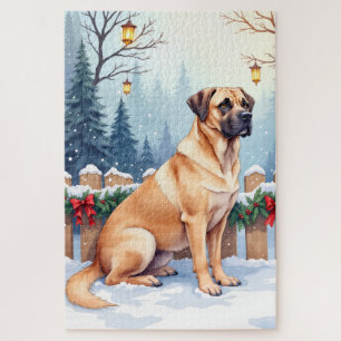 Bullmastiff Winter Forest Holly Christmas Art Jigsaw Puzzle