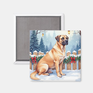 Bullmastiff Winter Forest Holly Christmas Art Magnet