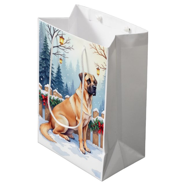 Bullmastiff Winter Forest Holly Christmas Art Medium Gift Bag (Front Angled)
