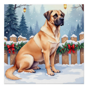 Bullmastiff Winter Forest Holly Christmas Art Poster