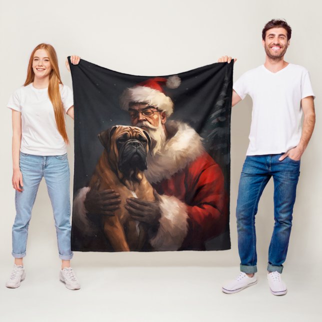 Bullmastiff With Santa Claus Festive Christmas  Fleece Blanket (In Situ)