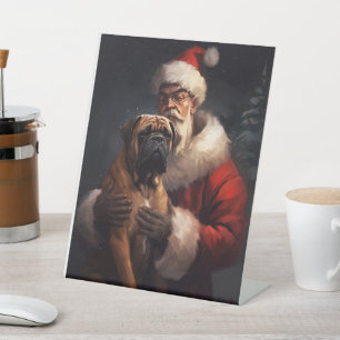 Bullmastiff With Santa Claus Festive Christmas  Pedestal Sign