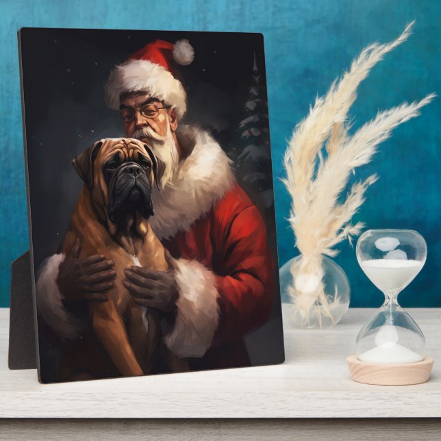 Bullmastiff With Santa Claus Festive Christmas  Plaque (Side)