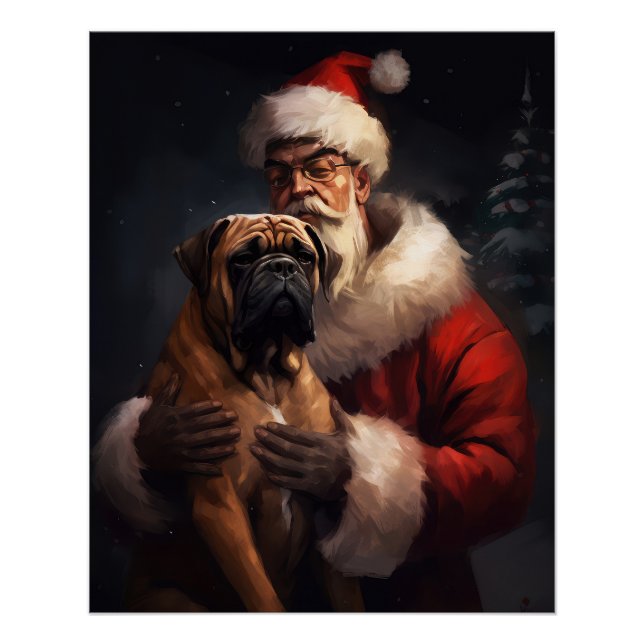 Bullmastiff With Santa Claus Festive Christmas  Poster (Front)