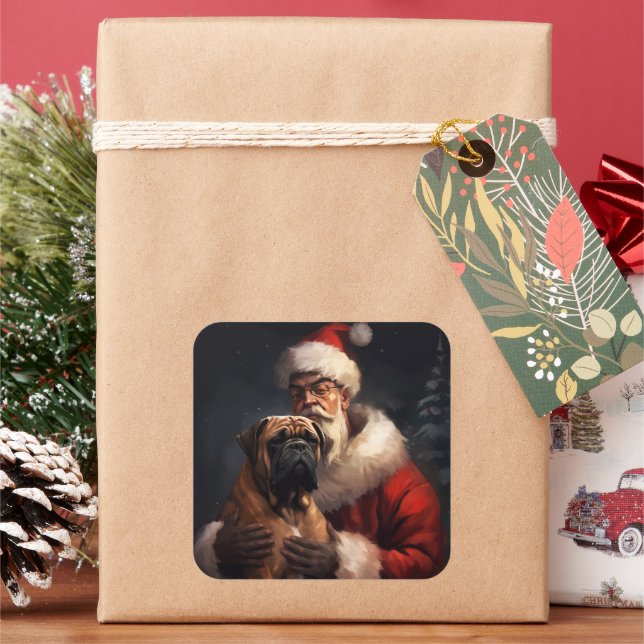 Bullmastiff With Santa Claus Festive Christmas  Square Sticker (Holiday)