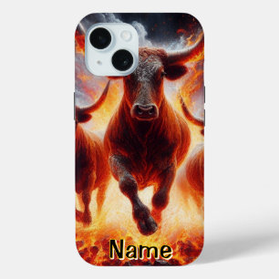 Bulls Charging Through a Fiery Landscape iPhone 15 Case