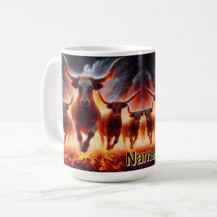 Bulls Charging Through a Fiery Landscape Coffee Mug