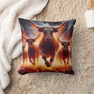 Bulls Charging Through a Fiery Landscape Cushion