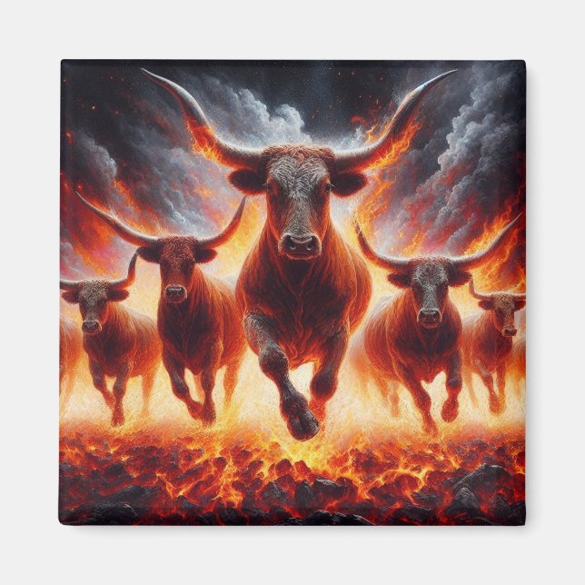 Bulls Charging Through a Fiery Landscape Magnet (Front)