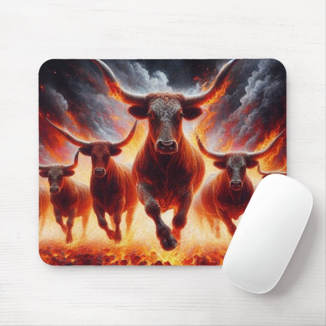 Bulls Charging Through a Fiery Landscape Mouse Mat (With Mouse)