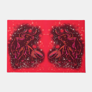 Bulls Running Doormat At Red Starry Night