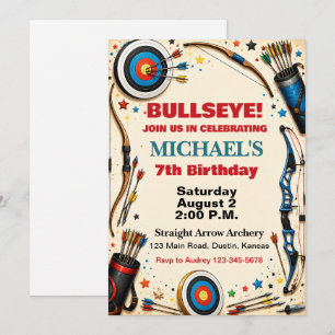 Bullseye Bow and Arrow Archery Party Birthday Invitation