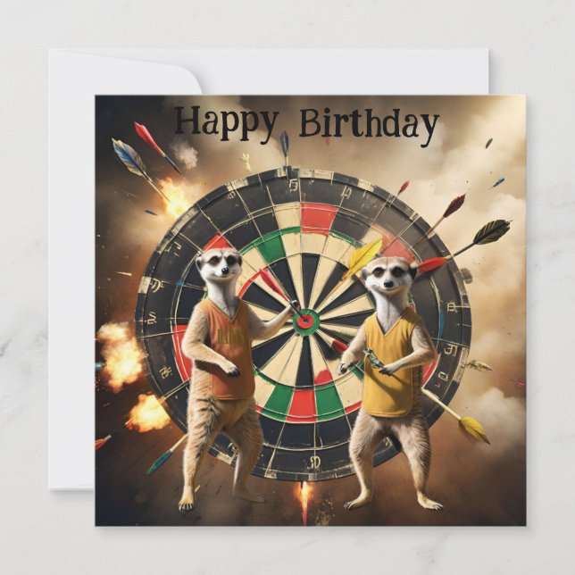 Bullseye Burrow: Meerkat Dart Players, Birthday  Card (Front)