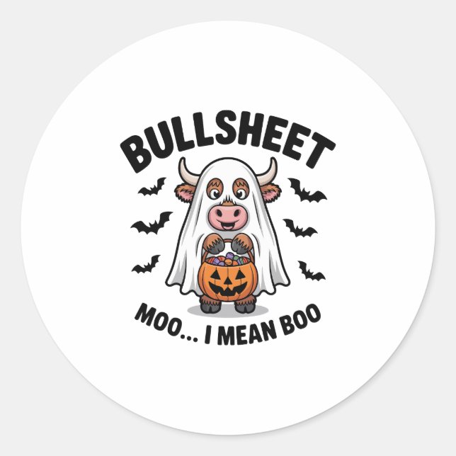 BULLSHEET Halloween Cute Cow in Ghost Classic Round Sticker (Front)