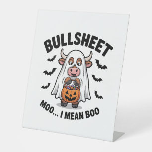 BULLSHEET Halloween Cute Cow in Ghost Pedestal Sign