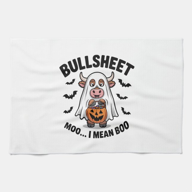BULLSHEET Halloween Cute Cow in Ghost Tea Towel (Horizontal)