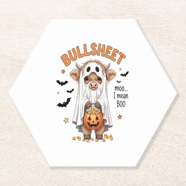 Bullsheet Highland Cow Funny Ghost Paper Coaster (Front)