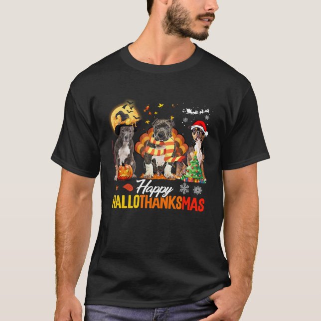 Bully Dog Happy Hallothanksmas Halloween Thanksgiv T-Shirt (Front)