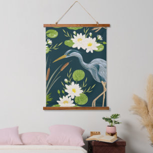 Bulrush Lily Flowers Bird Heron Floral Landscape Hanging Tapestry