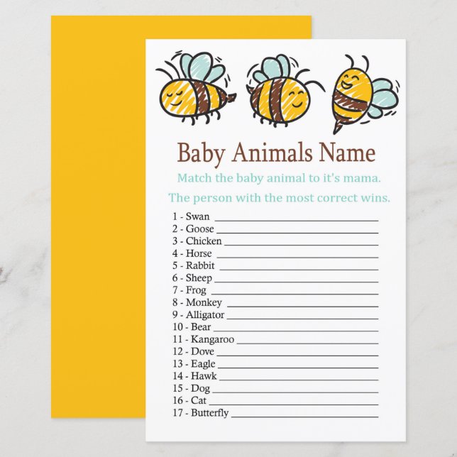 Bumble Bee Baby Animals Name Game (Front/Back)