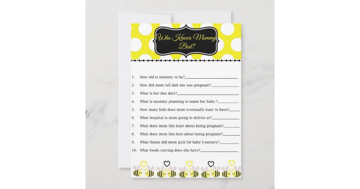 Bumble Bee Baby Shower Game Who Knows Mummy Best Zazzle Co Uk