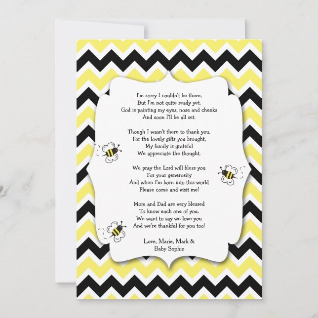 Bumble Bee Baby Shower Thank You Note with poem Card (Front)