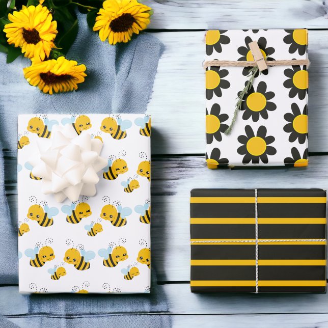 Bumble Bee Black Yellow Flowers Wrapping Paper Sheet (Bumble Bee Black Yellow Flowers Wrapping Paper Sheets from Ricaso)