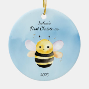 Bumble Bee Blue First Christmas Personalized Ceramic Tree Decoration
