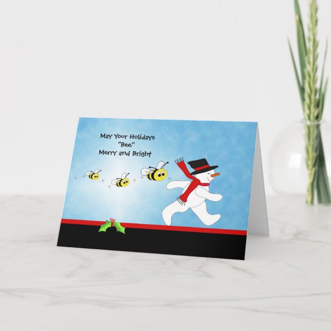 Bumble Bee Christmas Greeting Card with Snowman (Front)