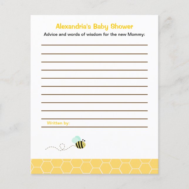 Bumble Bee Custom Flyer Baby Shower Advice Cards (Front)