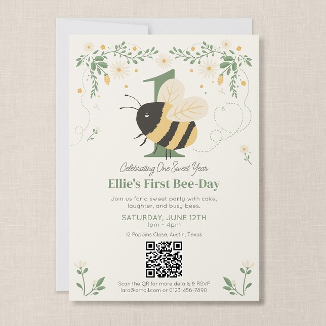 Bumble Bee First Bee-Day Party QR Code Invitation (Wildflower Flight - First Bee Day Invitation with QR Code)