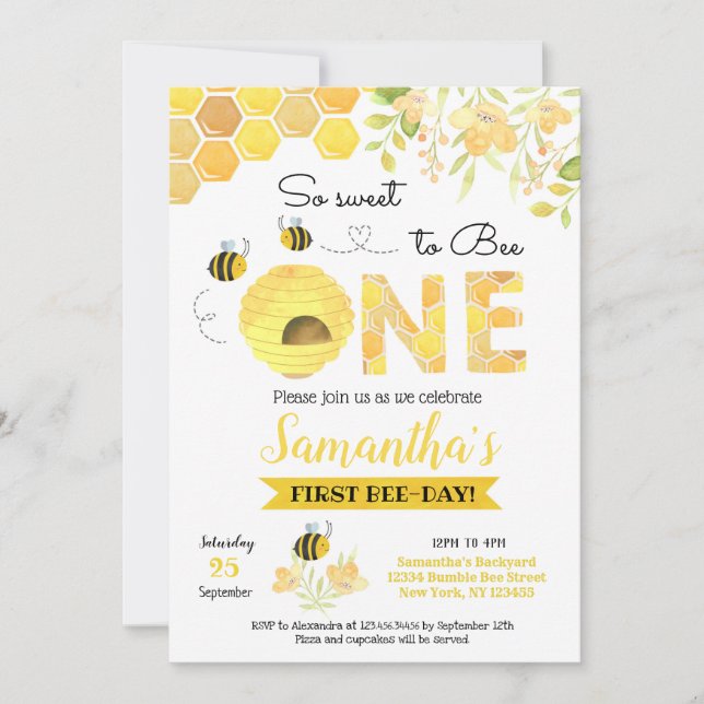 Bumble Bee First Birthday party invitations (Front)