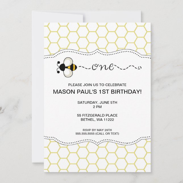 Bumble Bee First birthday party invite ONE (Front)