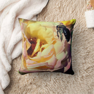 Bumble Bee Flying Into Pink Rose Close Up Cushion