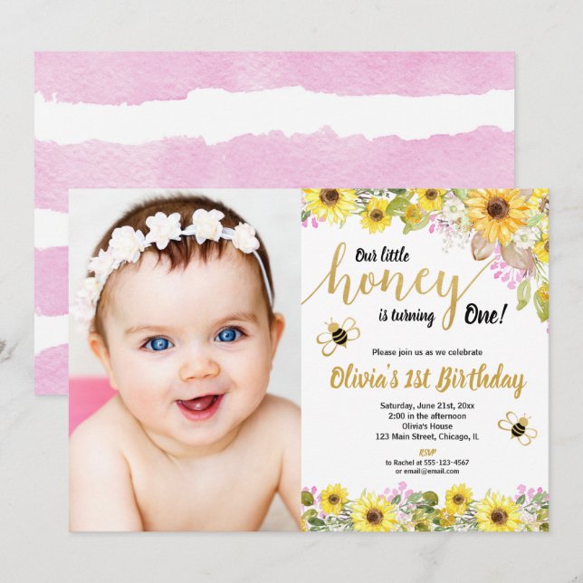 Bumble bee girl 1st birthday pink yellow sunflower invitation (Front/Back)