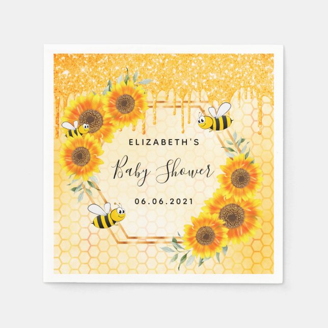 Bumble bee gold glitter sunflowers baby shower napkin (Front)