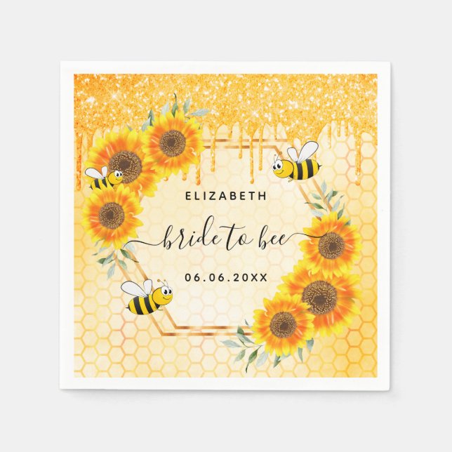 Bumble bee gold glitter sunflowers bridal shower n napkin (Front)