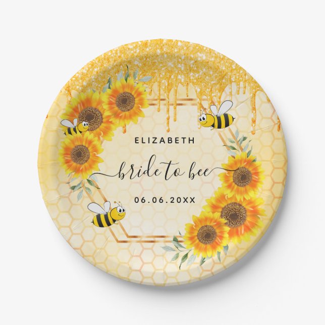 Bumble bee gold glitter sunflowers bridal shower paper plate (Front)