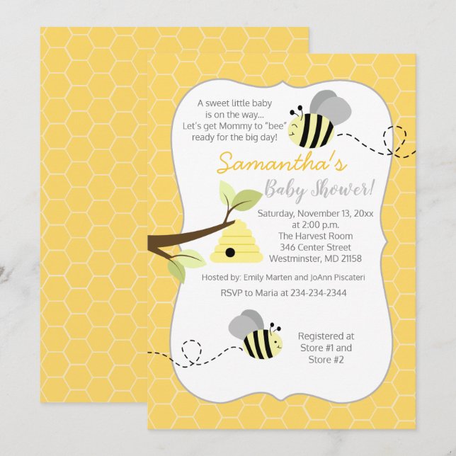 Bumble Bee Grey Yellow Gender Neutral Invitation (Front/Back)
