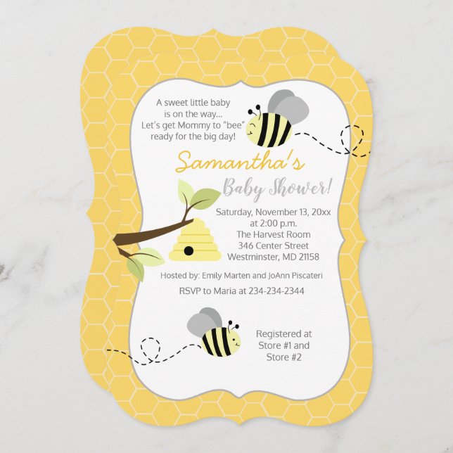 Bumble Bee Grey Yellow Gender Neutral Invitation (Front/Back)