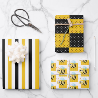 Bumble Bee, Honey Comb, Stripes & Dots Wrapping Paper Sheet