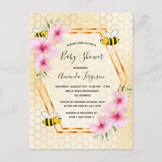 Bumble bee honeycomb floral baby shower invitation postcard (Front)